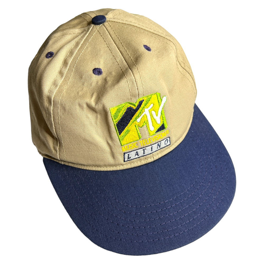 Vintage MTV Latino Logo 6-Panel Flat Bill Cap Elastic Strap Beige Blue